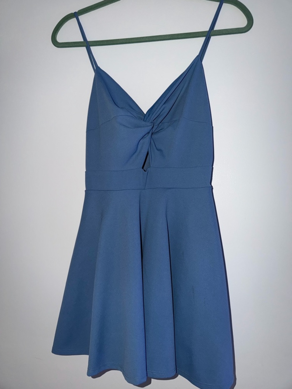 Windsor Blue Twist-Front Spaghetti Strap Mini romper